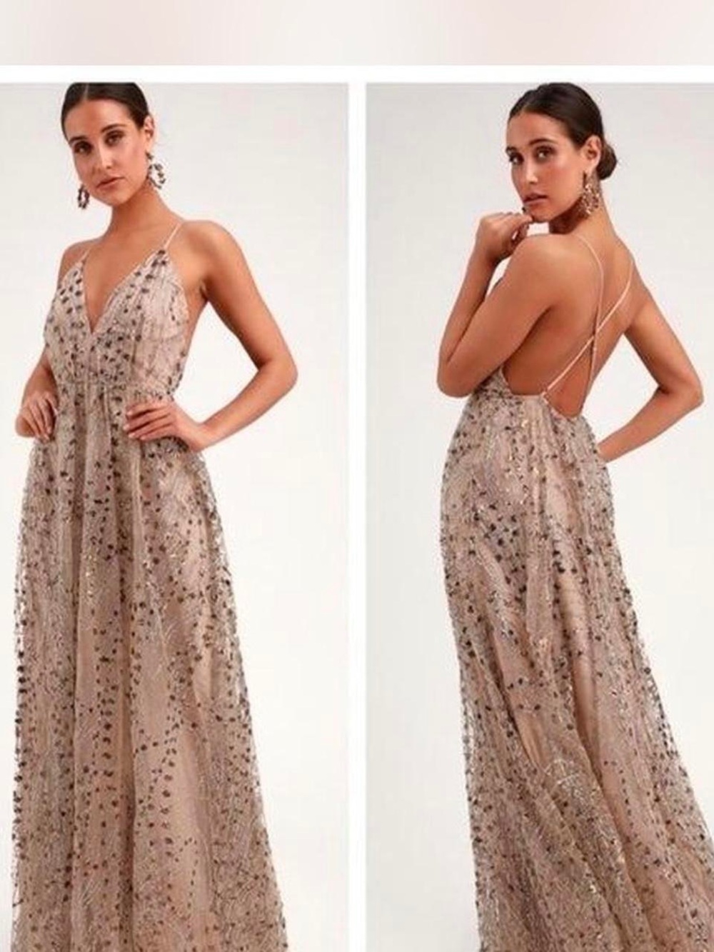 Lulu's Champagne Sequin Backless V-Neck Gown